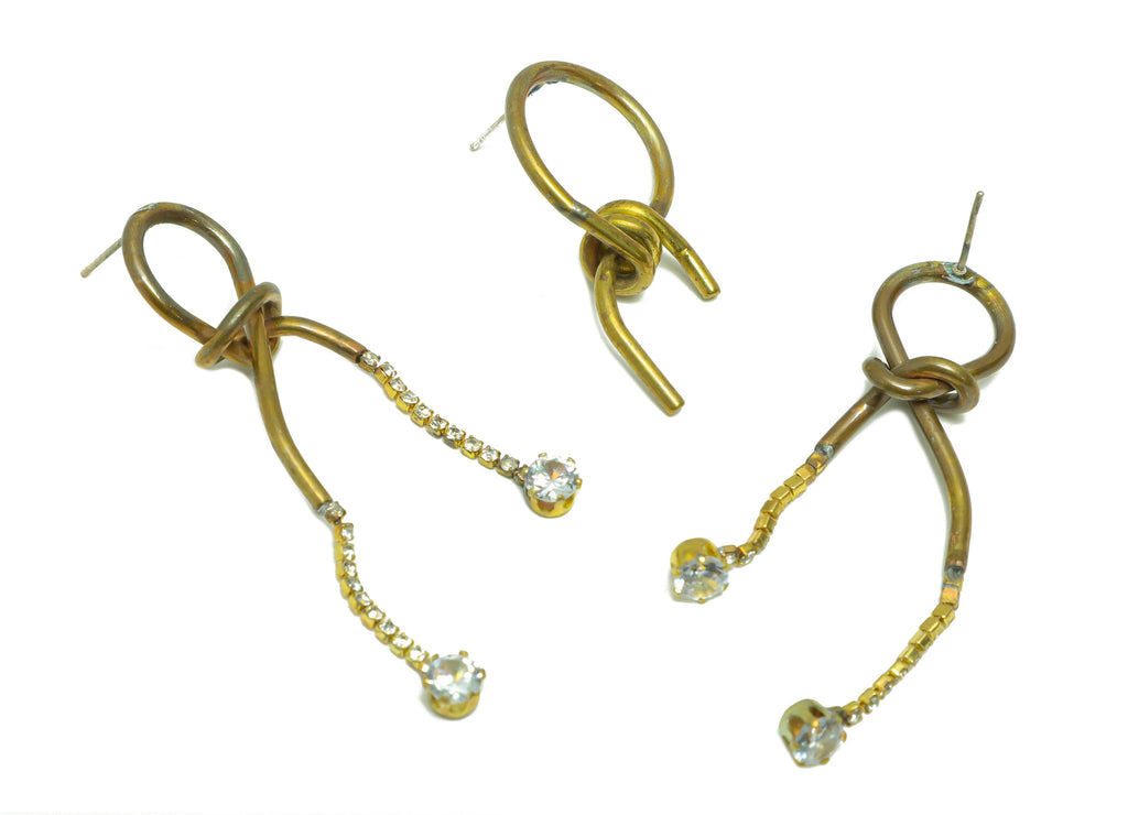 Brass Wire Dangle Earring Stud - Raw Brass Zircon Knot Tassel Earring Post - Round Twine Earring Post - Zircon Earring - 26x24x3mm - PP9235 - DOMEDBAZAAR