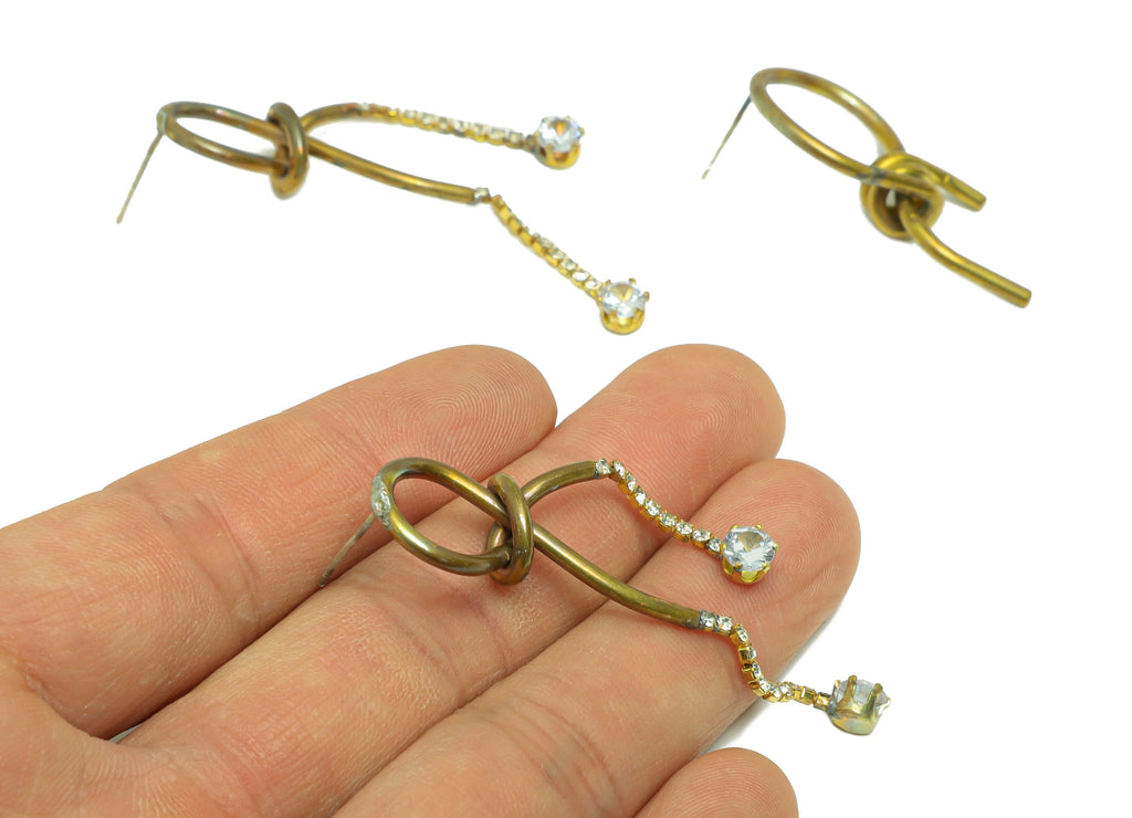 Brass Wire Dangle Earring Stud - Raw Brass Zircon Knot Tassel Earring Post - Round Twine Earring Post - Zircon Earring - 26x24x3mm - PP9235 - DOMEDBAZAAR