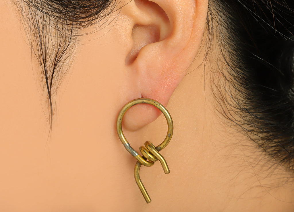 Brass Wire Dangle Earring Stud - Raw Brass Zircon Knot Tassel Earring Post - Round Twine Earring Post - Zircon Earring - 26x24x3mm - PP9235 - DOMEDBAZAAR