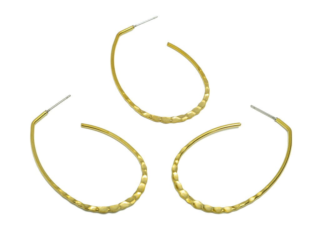 Hammered Wire Open Hoop Earring Stud - Raw Brass Hoop Earring Post - Oval Hammered Hoop Earring Post - Textured Post - 53x34x1.45mm- PP9232 - DOMEDBAZAAR