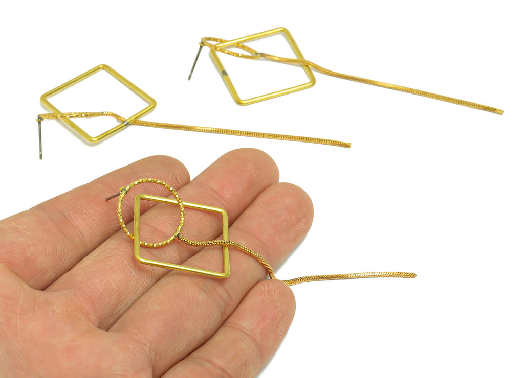 Brass Square Dangle Tassel Earring Post - Raw Brass Textured Round Earring Post - Dangle Tassel Chain Earring Post - 88x32x1.18mm - PP9126 - DOMEDBAZAAR