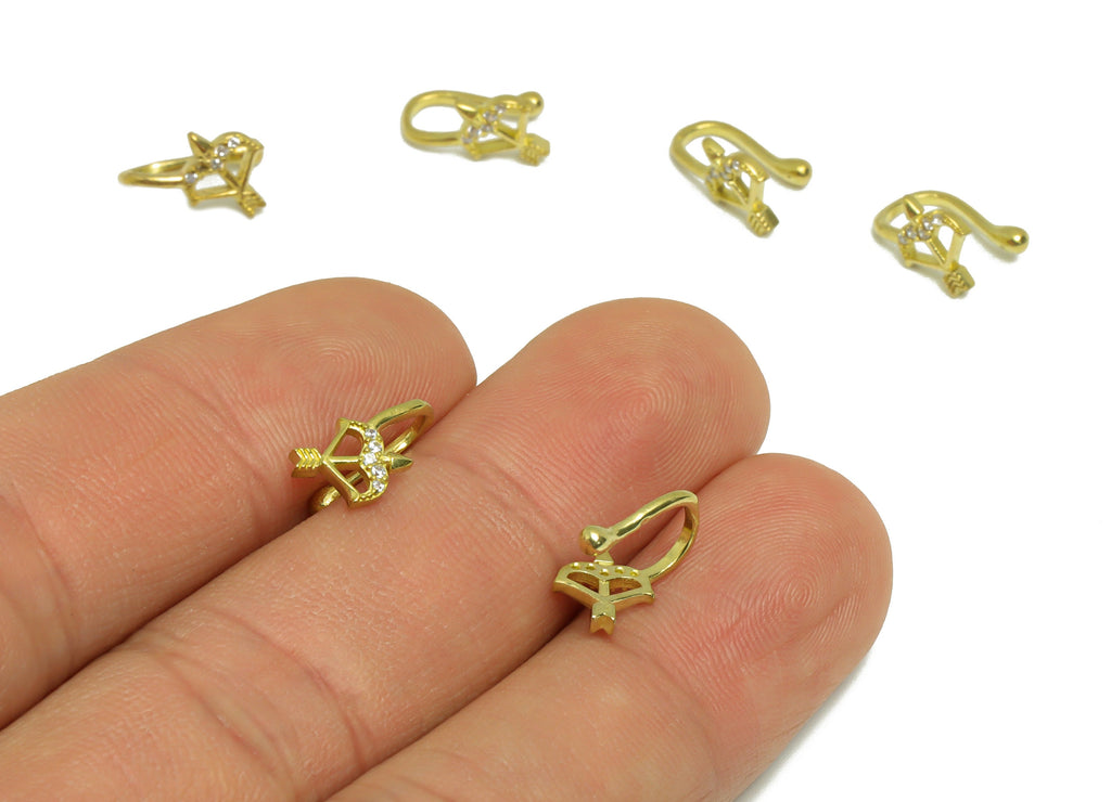 Brass Cuff Zircon Earring - Raw Brass Bow Arrow Wire Hook Earring - Cupid&#39;s Arrow Nose Clip - Cuff Hook Wire Earring -12x6.2x6mm- PP8983 - DOMEDBAZAAR