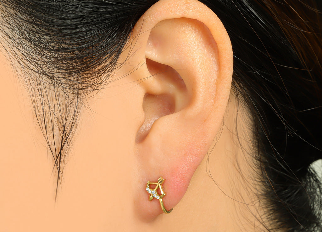 Brass Cuff Zircon Earring - Raw Brass Bow Arrow Wire Hook Earring - Cupid&#39;s Arrow Nose Clip - Cuff Hook Wire Earring -12x6.2x6mm- PP8983 - DOMEDBAZAAR